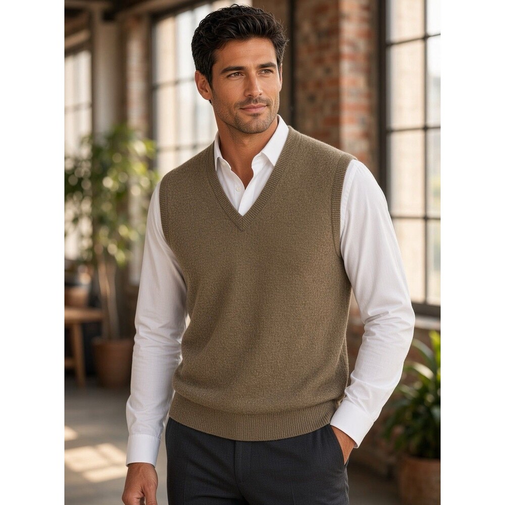 LL Bean Lambswool Sweater Vest Mens Tan V-neck Preppy Classic Winter Warm Size L